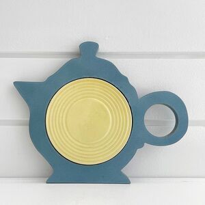Fiesta Copco Teapot Trivet Wood Ceramic Periwinkle Blue Sunflower Yellow